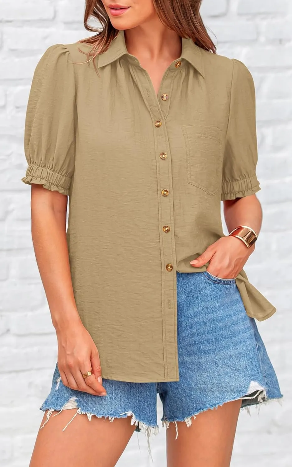 PRETTYGARDEN Womens Summer Short Sleeve Button Down Shirts V Neck Collared Casual Blouse Tops with Pockets