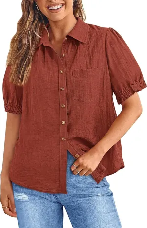 PRETTYGARDEN Womens Summer Short Sleeve Button Down Shirts V Neck Collared Casual Blouse Tops with Pockets
