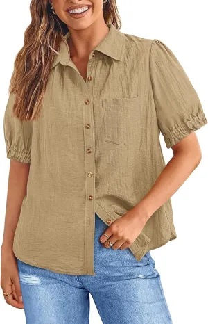 PRETTYGARDEN Womens Summer Short Sleeve Button Down Shirts V Neck Collared Casual Blouse Tops with Pockets