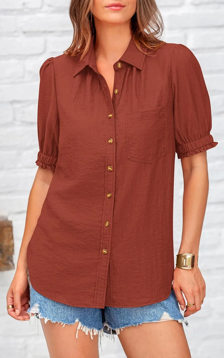 PRETTYGARDEN Womens Summer Short Sleeve Button Down Shirts V Neck Collared Casual Blouse Tops with Pockets