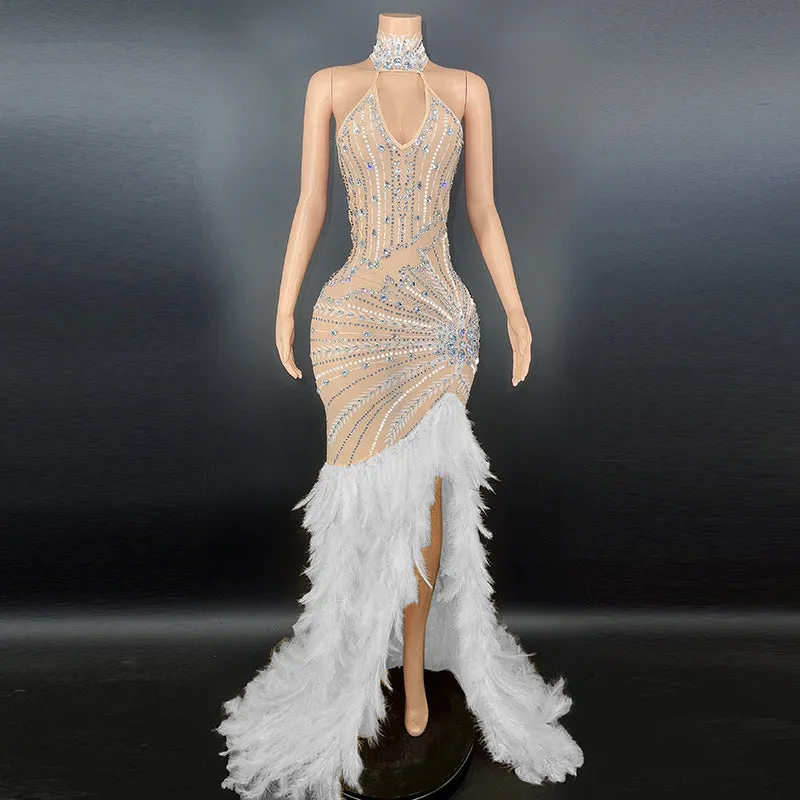 PU-1 High Quality Women's Long Sleeved Rhinestone Dress Luxury Feather Multi-Color Long Dresses