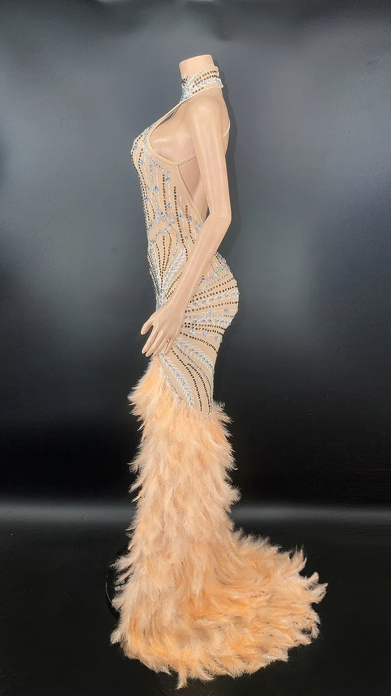 PU-1 High Quality Women's Long Sleeved Rhinestone Dress Luxury Feather Multi-Color Long Dresses