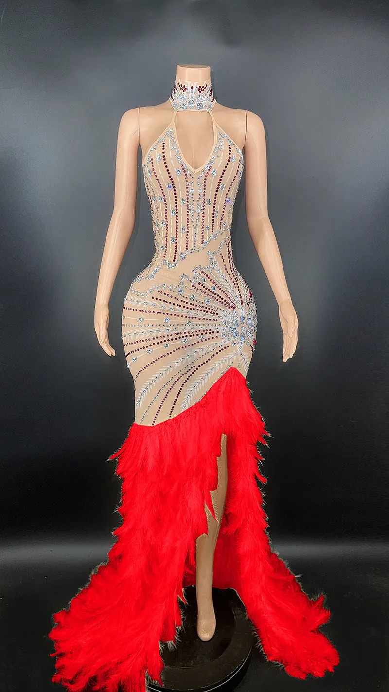 PU-1 High Quality Women's Long Sleeved Rhinestone Dress Luxury Feather Multi-Color Long Dresses