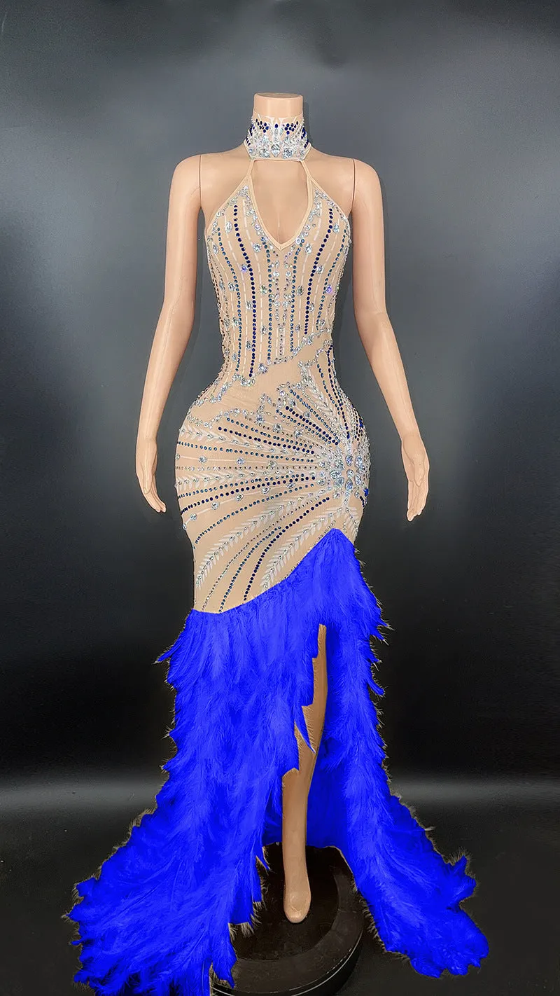 PU-1 High Quality Women's Long Sleeved Rhinestone Dress Luxury Feather Multi-Color Long Dresses