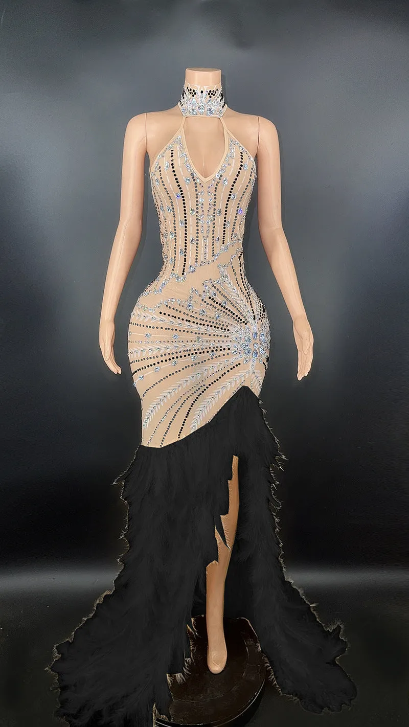 PU-1 High Quality Women's Long Sleeved Rhinestone Dress Luxury Feather Multi-Color Long Dresses