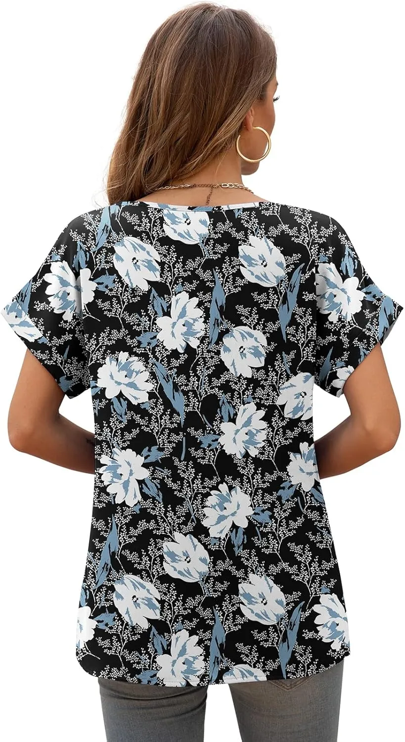 QUEZHU Summer Blouses for Women Elegant Casual V Neck Chiffon Blouses Tops Shirts