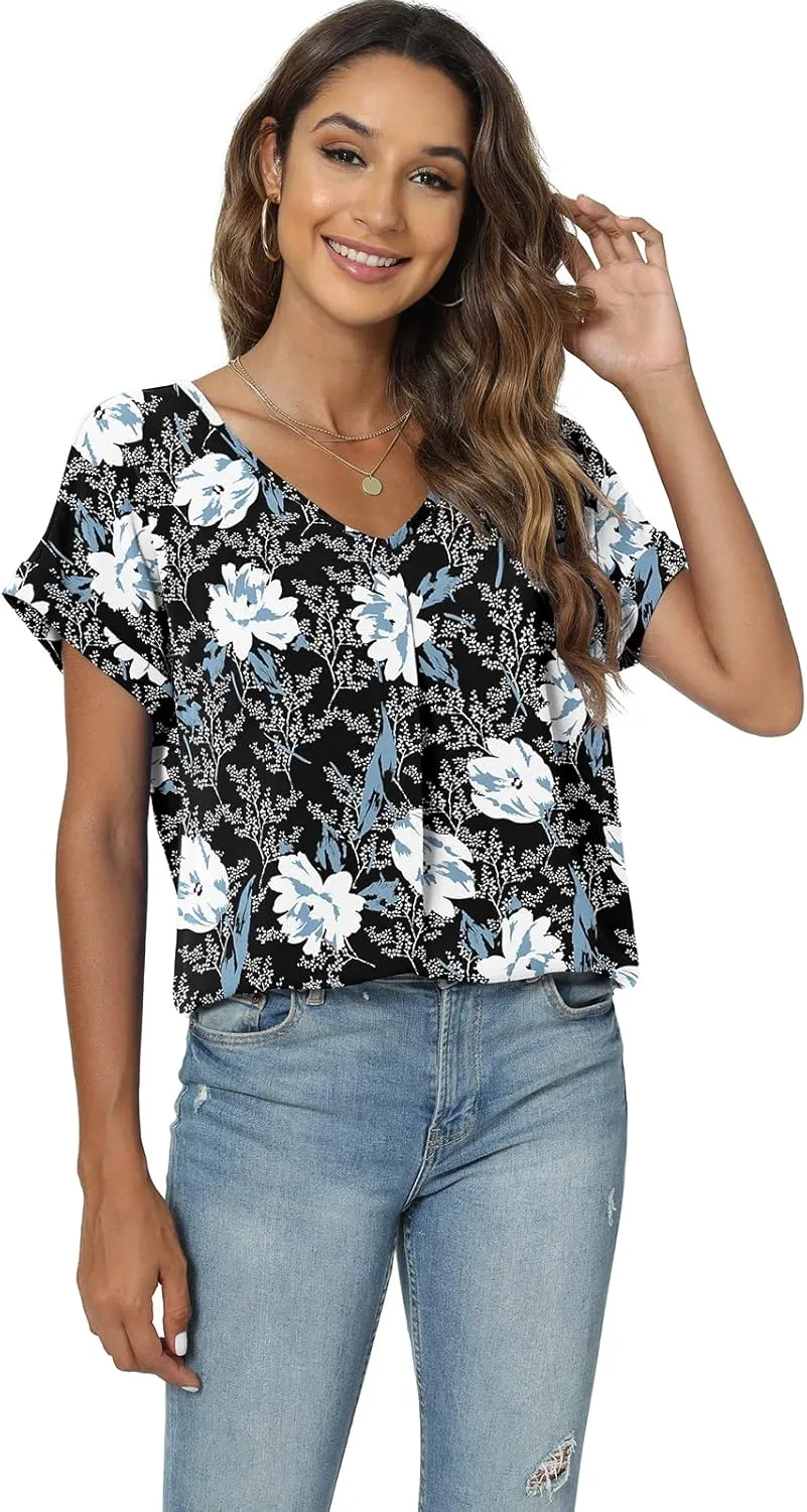 QUEZHU Summer Blouses for Women Elegant Casual V Neck Chiffon Blouses Tops Shirts