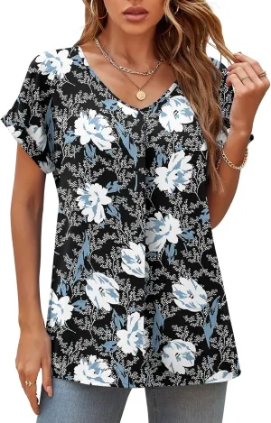 QUEZHU Summer Blouses for Women Elegant Casual V Neck Chiffon Blouses Tops Shirts