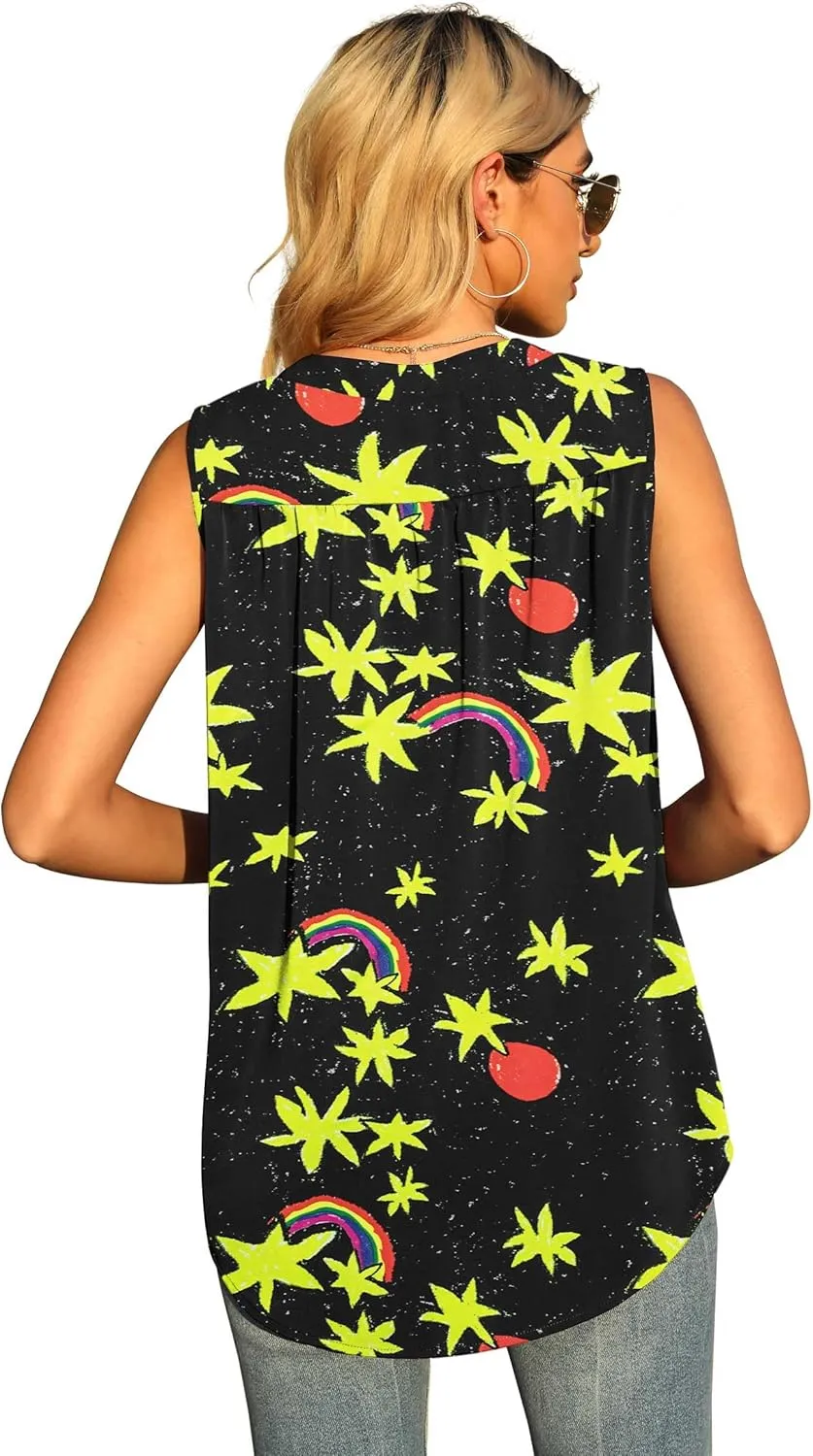 QUEZHU Women's Summer Sleeveless Chiffon Tank Tops Blouse Loose Casual V Neck Blouses Shirt