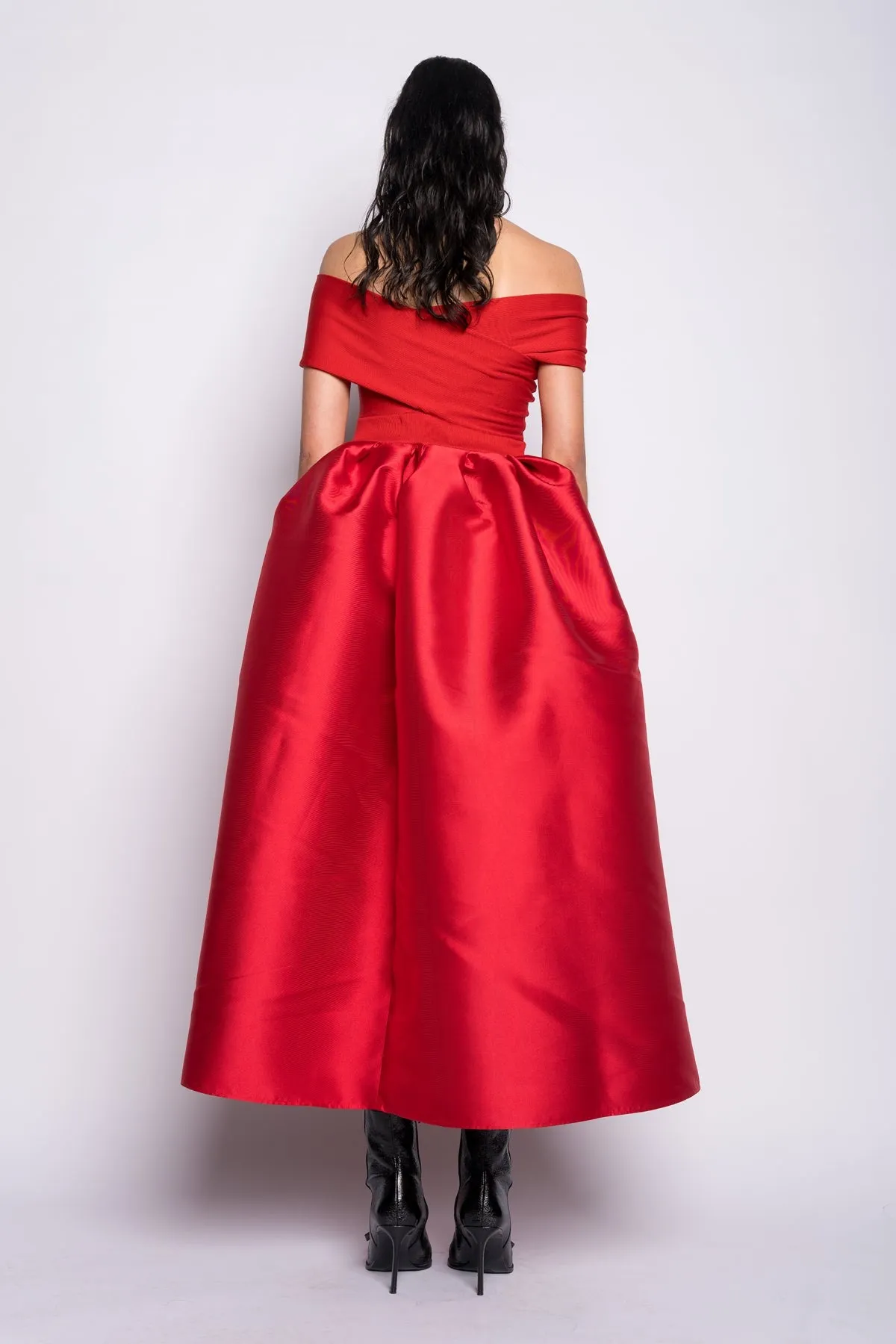 RED OFF SHOULDER FULL SKIRT DRESS