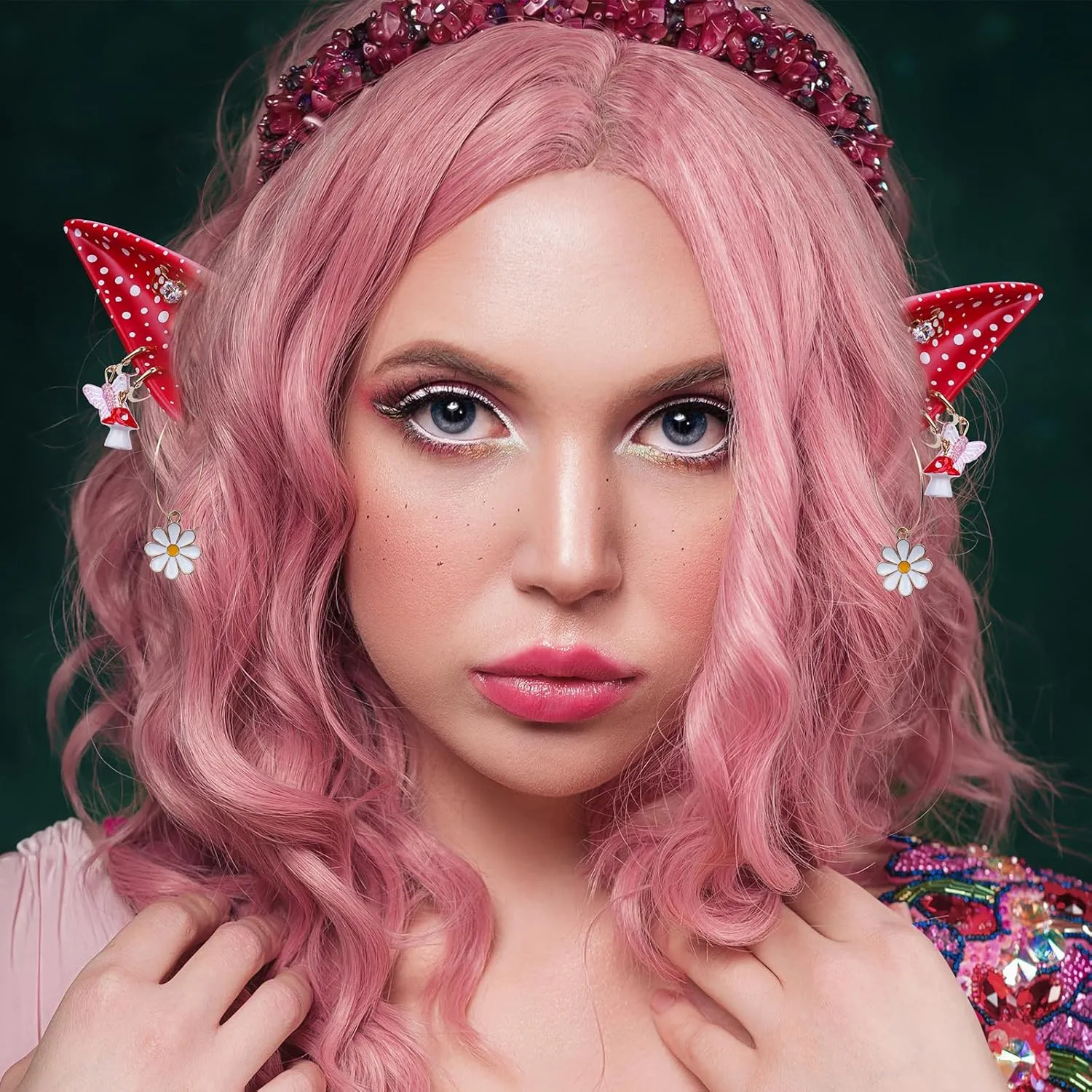 Renaissance Mushroom Fairy Elf Ears - Forest Elf Ears with Flower and Red Mushroom Non Pierced Woodland Fairy Ear Clips Women 2024 Renfaire Carnival Cosplay Costume Fantasy Accessories