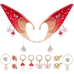 Renaissance Mushroom Fairy Elf Ears - Forest Elf Ears with Flower and Red Mushroom Non Pierced Woodland Fairy Ear Clips Women 2024 Renfaire Carnival Cosplay Costume Fantasy Accessories