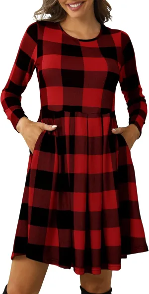 Roselux Women's Long Sleeve Pleated Loose Swing Casual Dress with Pockets Knee Length