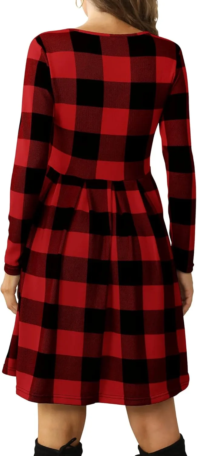 Roselux Women's Long Sleeve Pleated Loose Swing Casual Dress with Pockets Knee Length