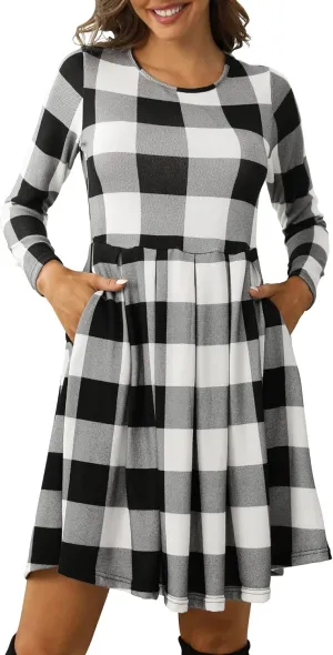 Roselux Women's Long Sleeve Pleated Loose Swing Casual Dress with Pockets Knee Length