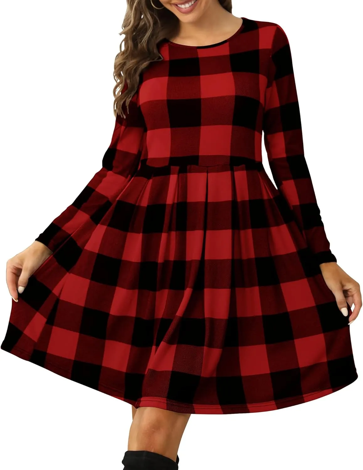 Roselux Women's Long Sleeve Pleated Loose Swing Casual Dress with Pockets Knee Length