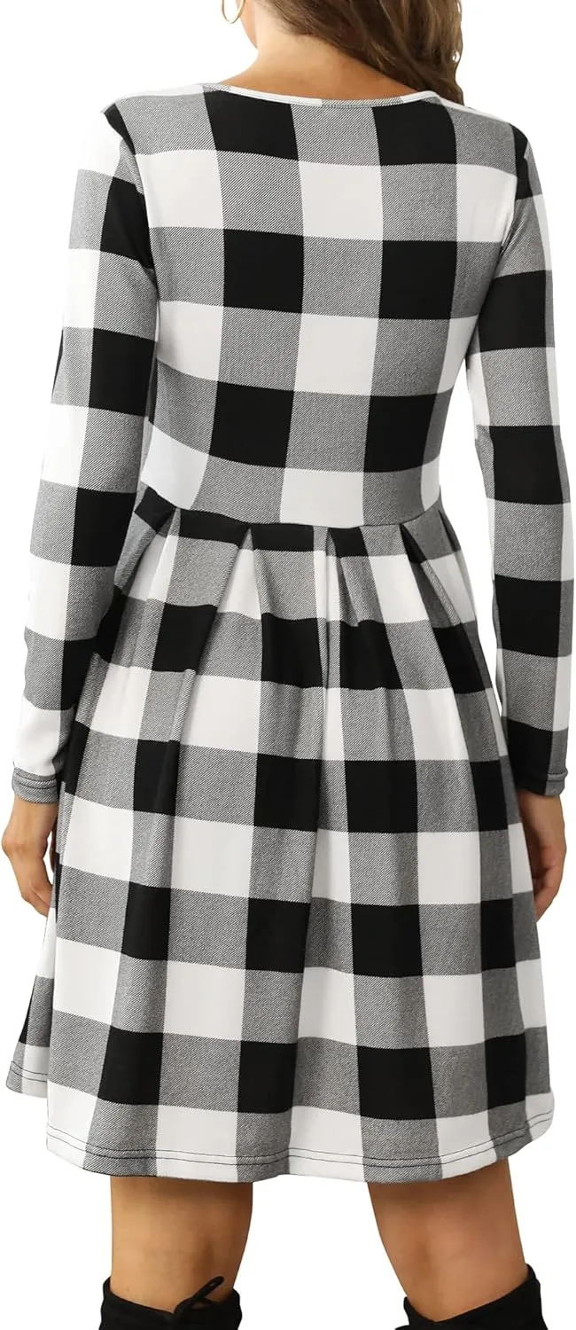 Roselux Women's Long Sleeve Pleated Loose Swing Casual Dress with Pockets Knee Length