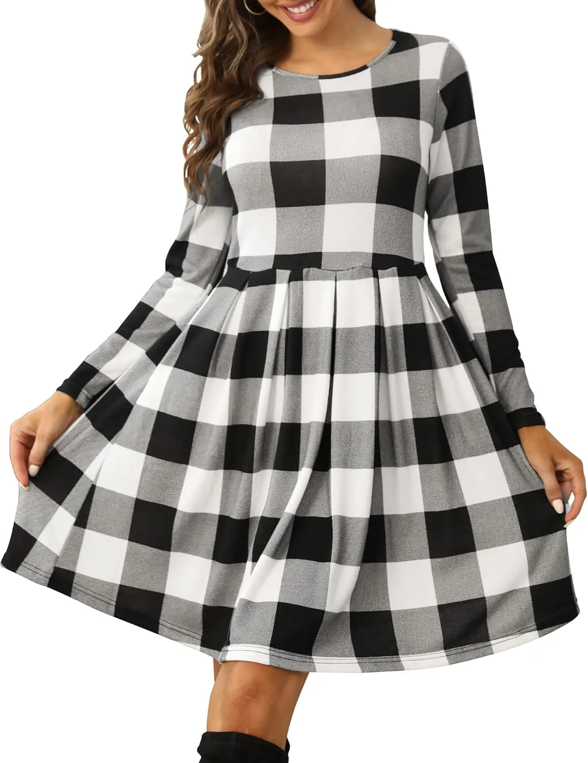 Roselux Women's Long Sleeve Pleated Loose Swing Casual Dress with Pockets Knee Length