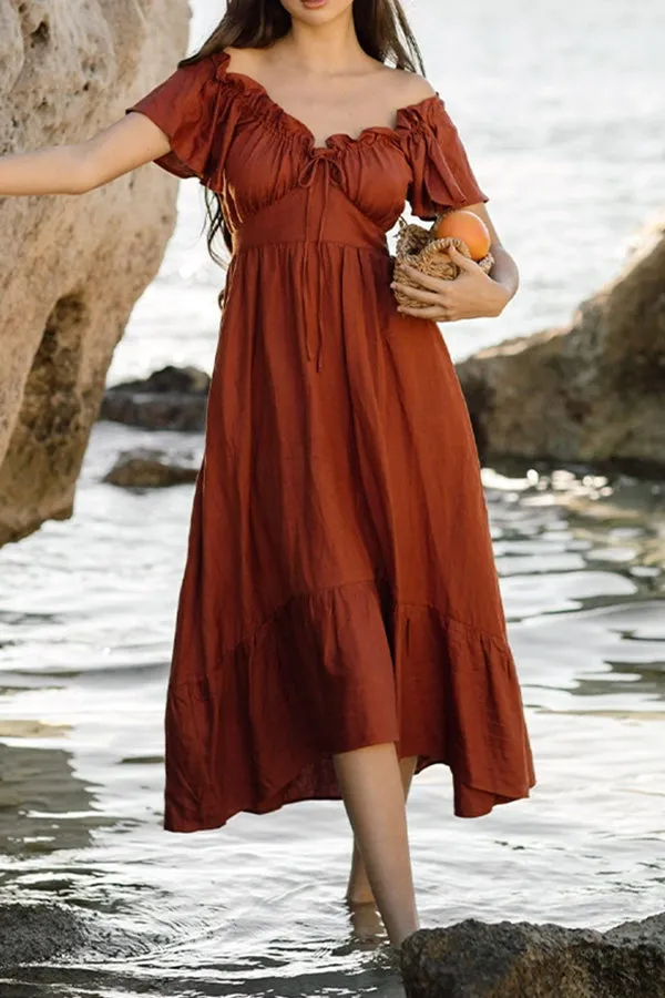 RUFFLED EDGE OFF SHOULDER MIDI DRESS