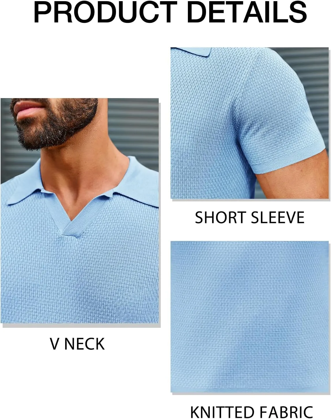 Runcati Mens Knitted Polo Shirt Muscle Short Sleeve V Neck Stretch Casual Slim Fit Vintage Ribbed Golf T-Shirt