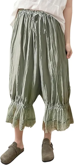 Seyumixi Women Lace Ruffled Long Bloomer Pants Lace Trim Pantaloons Elastic Waist Cropped Slip Pants Capri Pj Bottoms