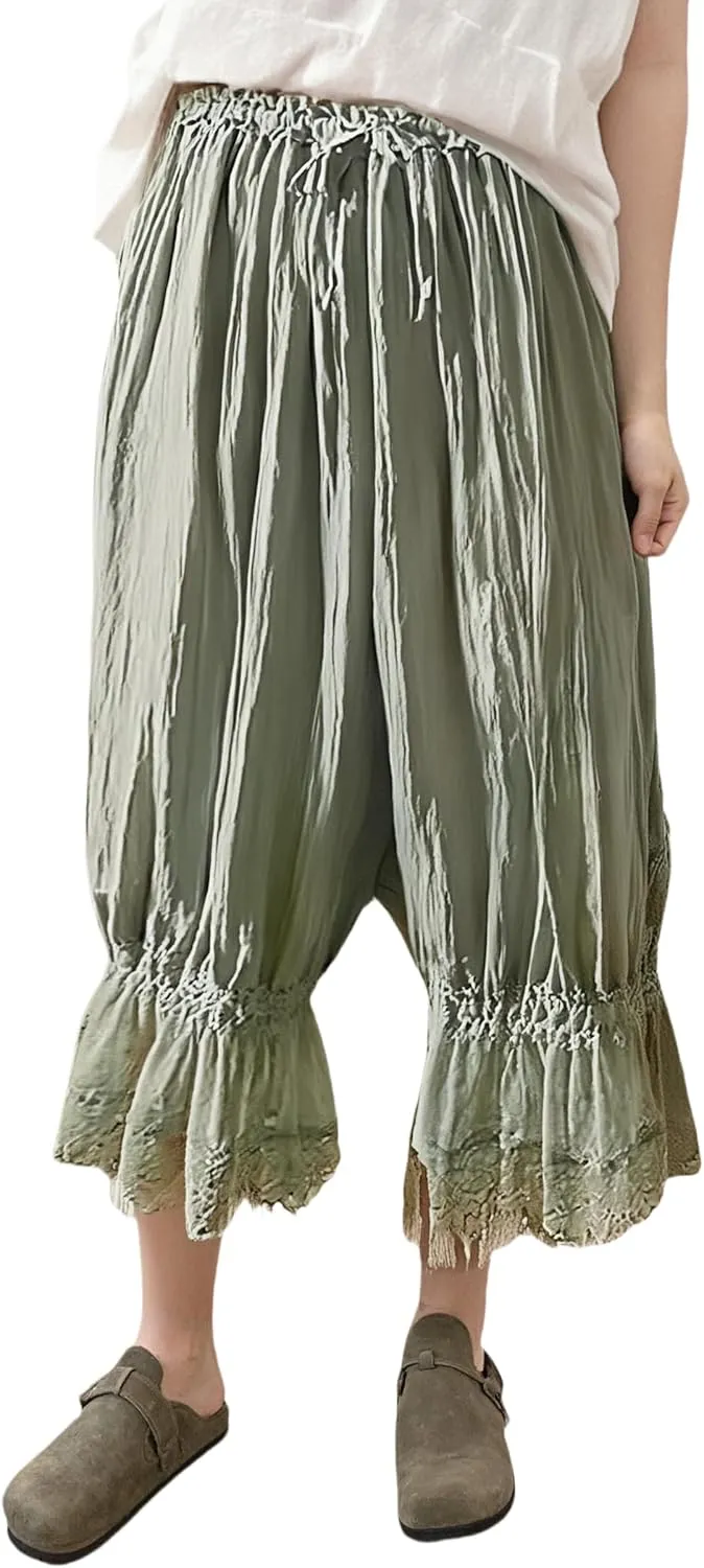 Seyumixi Women Lace Ruffled Long Bloomer Pants Lace Trim Pantaloons Elastic Waist Cropped Slip Pants Capri Pj Bottoms