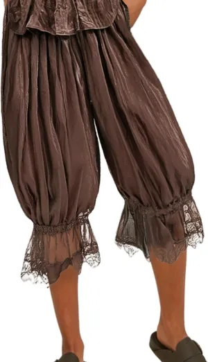 Seyumixi Women Lace Ruffled Long Bloomer Pants Lace Trim Pantaloons Elastic Waist Cropped Slip Pants Capri Pj Bottoms
