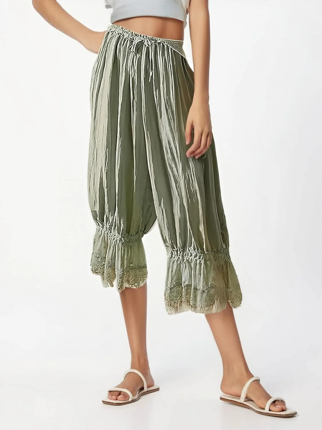 Seyumixi Women Lace Ruffled Long Bloomer Pants Lace Trim Pantaloons Elastic Waist Cropped Slip Pants Capri Pj Bottoms
