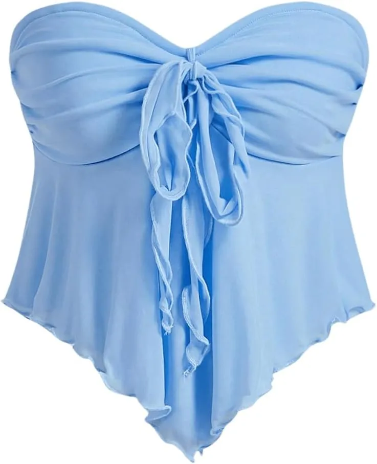 SHENHE Women's Strapless Tie Front Lettuce Trim Asymmetrical Flare Boho Tube Top