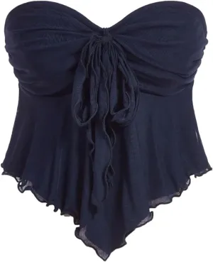 SHENHE Women's Strapless Tie Front Lettuce Trim Asymmetrical Flare Boho Tube Top