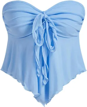 SHENHE Women's Strapless Tie Front Lettuce Trim Asymmetrical Flare Boho Tube Top
