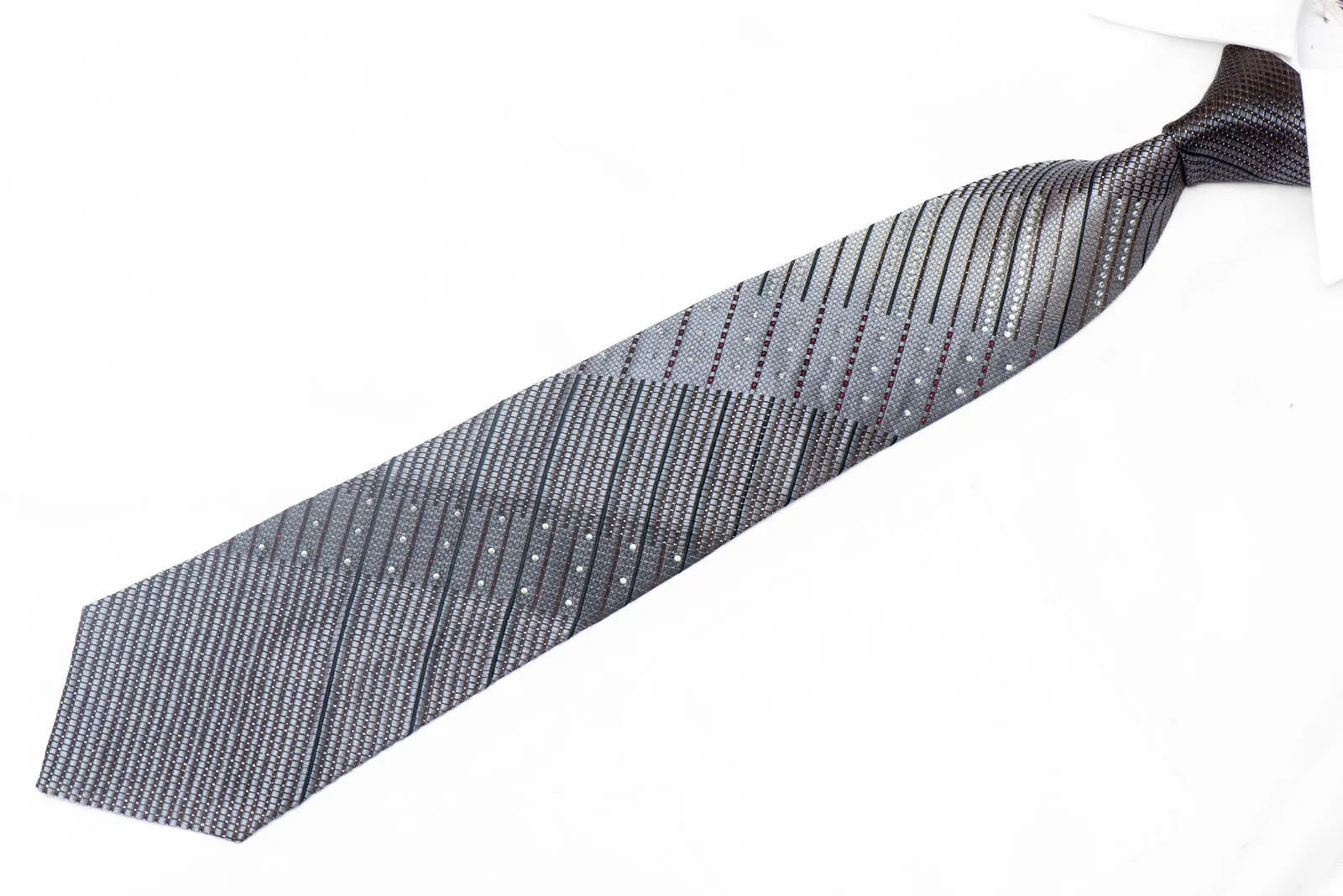 Silver Striped On Brown Rhinestone Silk Tie With Red Sparkles