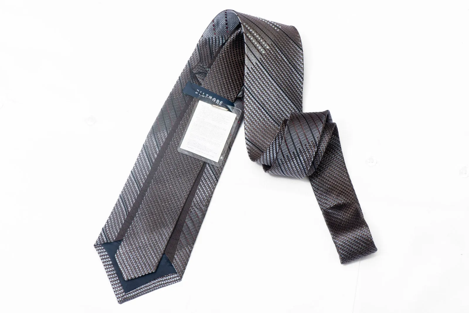Silver Striped On Brown Rhinestone Silk Tie With Red Sparkles