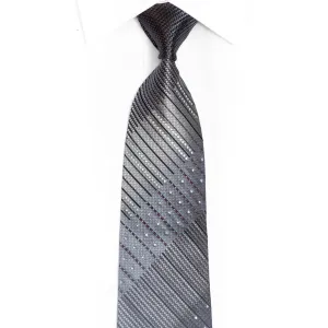 Silver Striped On Brown Rhinestone Silk Tie With Red Sparkles