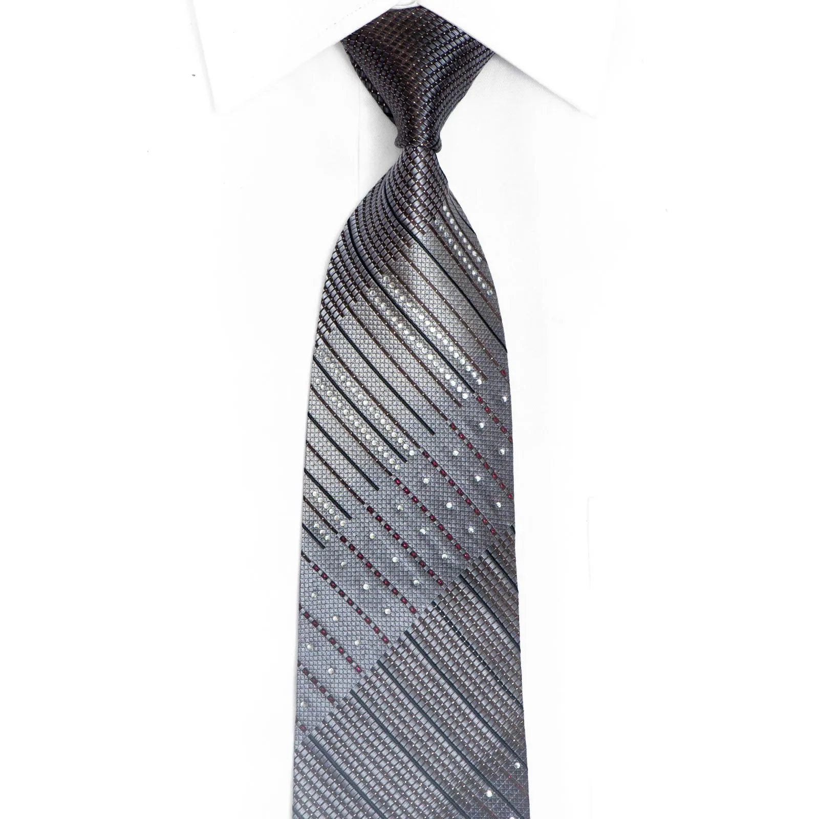 Silver Striped On Brown Rhinestone Silk Tie With Red Sparkles