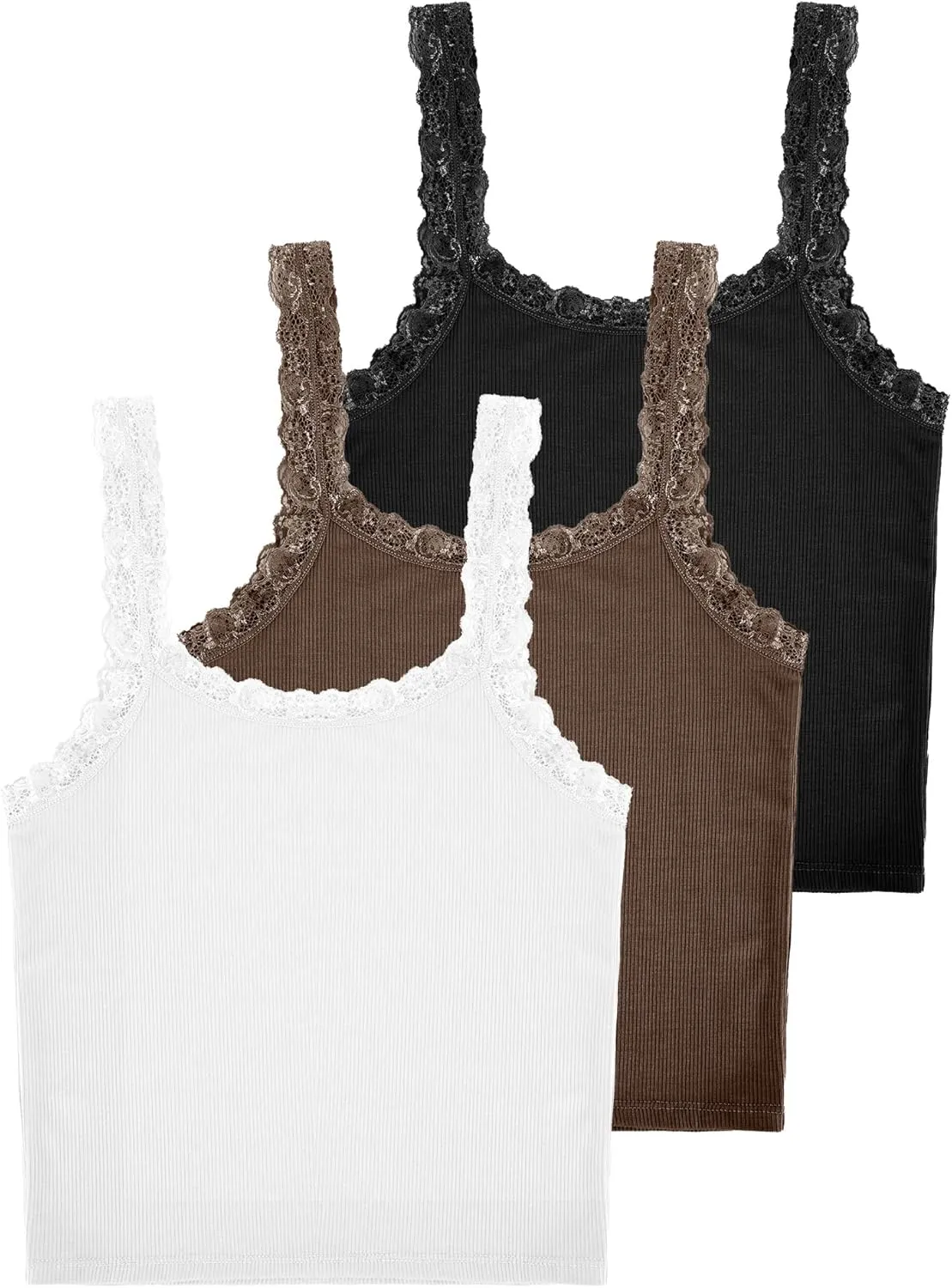 Sintege 3 Pcs Women's Lace Patchwork Tank Top Lace Camisole Tank Sleeveless Cami Crop Lacework Trim Y2k Tops