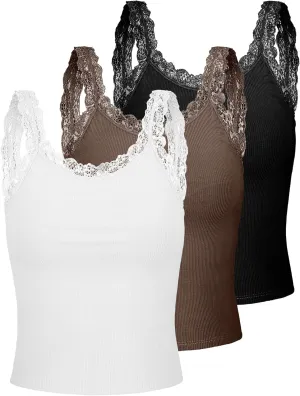 Sintege 3 Pcs Women's Lace Patchwork Tank Top Lace Camisole Tank Sleeveless Cami Crop Lacework Trim Y2k Tops