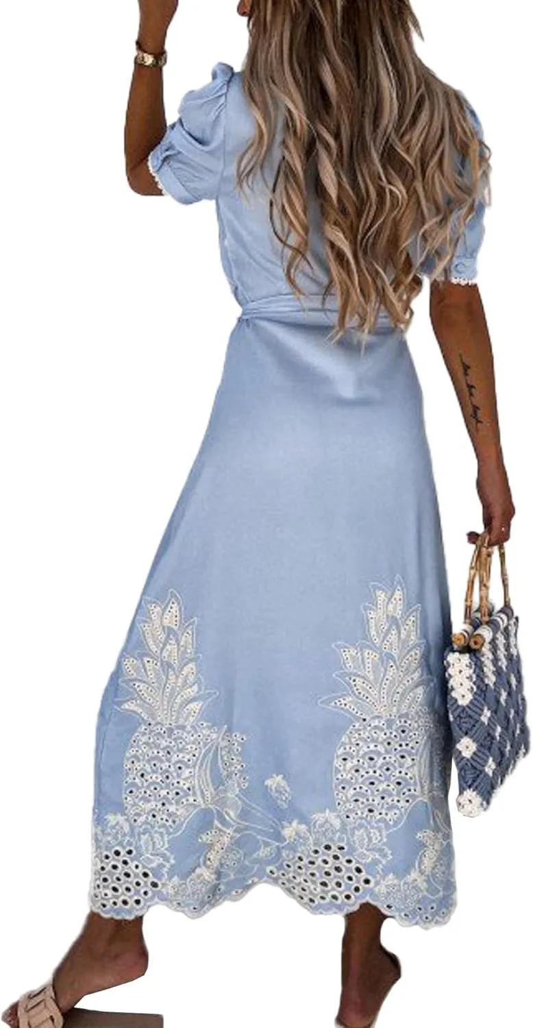 SOMTHRON Women's Embroidered Eyelet Shirt Dress Belted Puff Shirt Sleeve Button Down Boho Lace Swing Maxi Long Dress