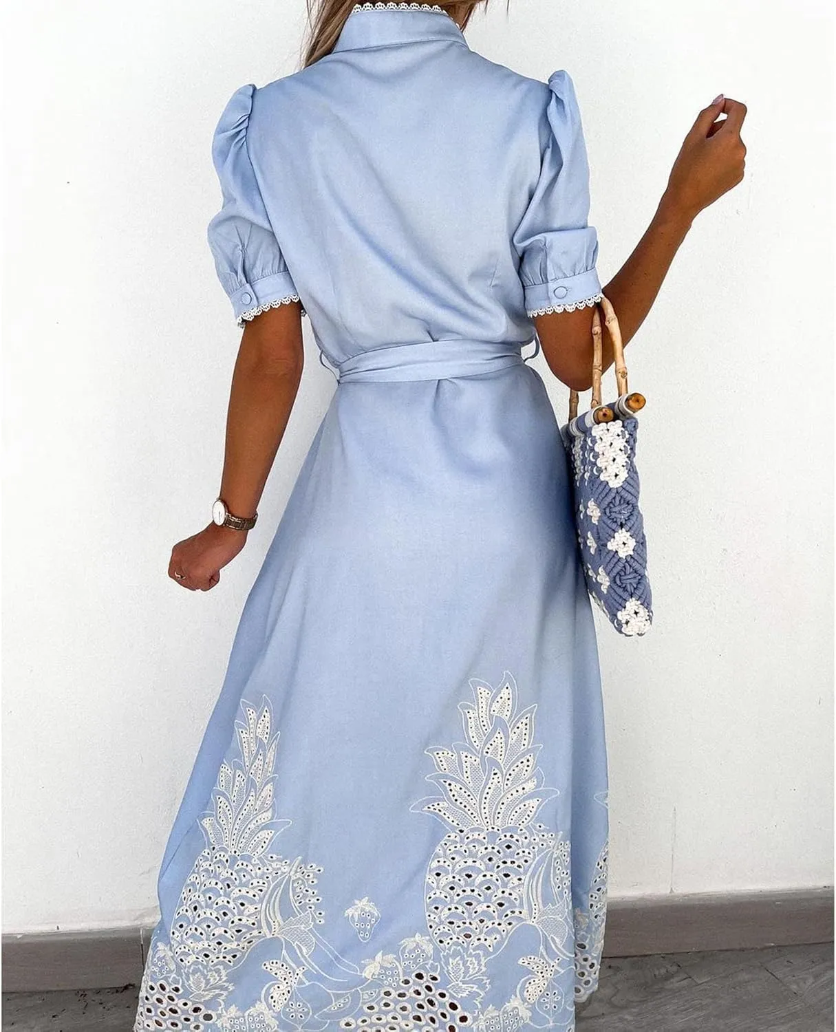 SOMTHRON Women's Embroidered Eyelet Shirt Dress Belted Puff Shirt Sleeve Button Down Boho Lace Swing Maxi Long Dress