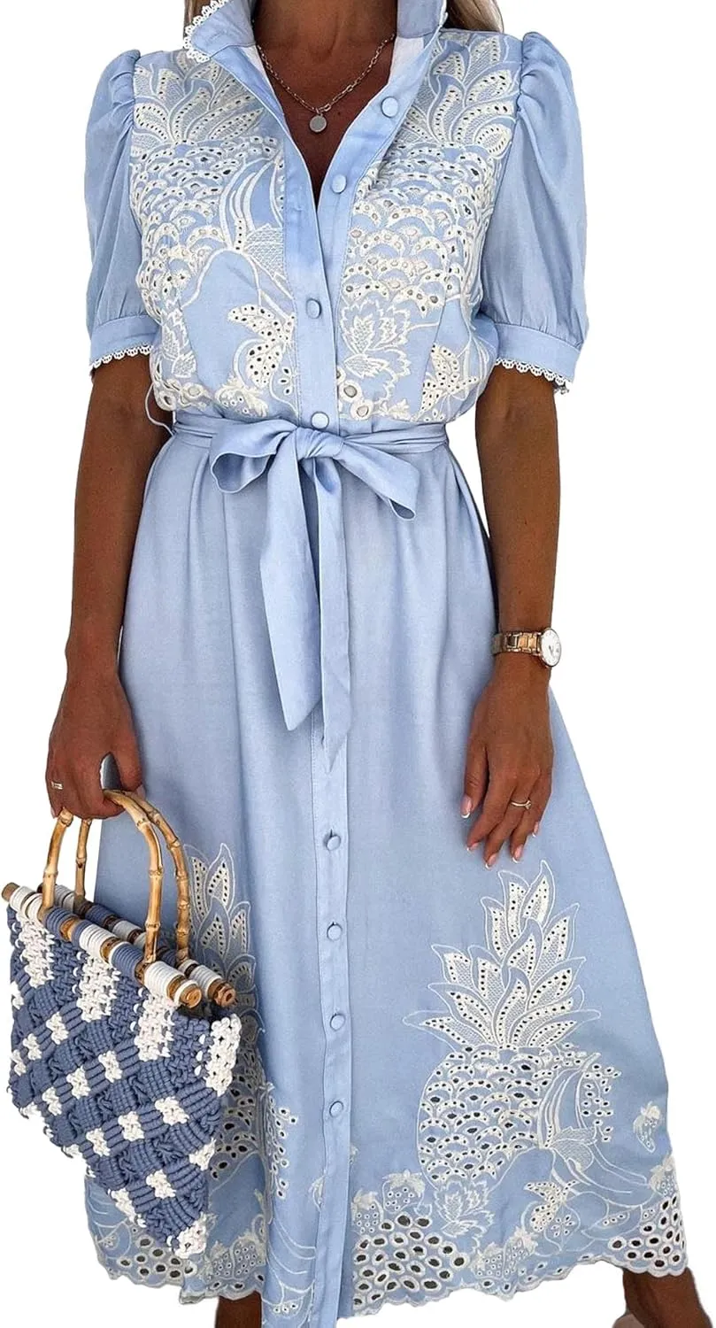 SOMTHRON Women's Embroidered Eyelet Shirt Dress Belted Puff Shirt Sleeve Button Down Boho Lace Swing Maxi Long Dress