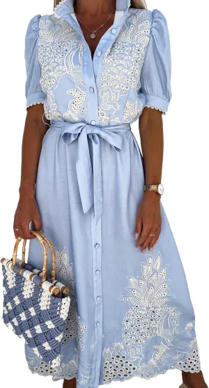 SOMTHRON Women's Embroidered Eyelet Shirt Dress Belted Puff Shirt Sleeve Button Down Boho Lace Swing Maxi Long Dress