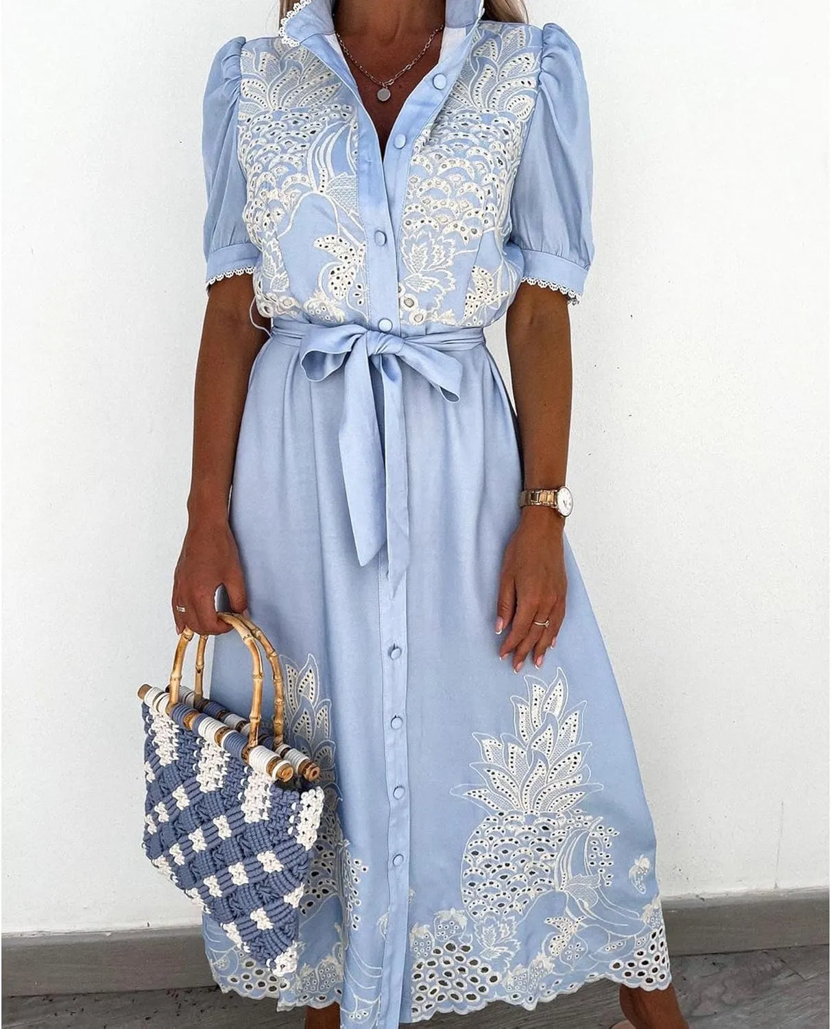 SOMTHRON Women's Embroidered Eyelet Shirt Dress Belted Puff Shirt Sleeve Button Down Boho Lace Swing Maxi Long Dress