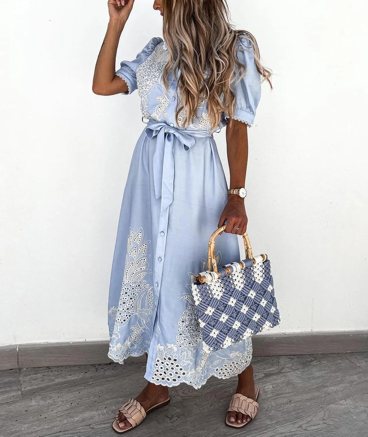 SOMTHRON Women's Embroidered Eyelet Shirt Dress Belted Puff Shirt Sleeve Button Down Boho Lace Swing Maxi Long Dress