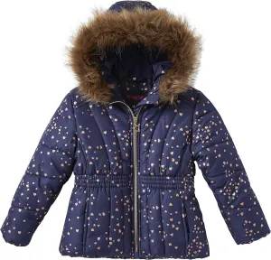 Sportoli Girl Winter Dot Heart Foil Print Puffer Jacket Coat Faux Fur Trim Hood - Navy Rose Gold Hearts (Size 7-8)
