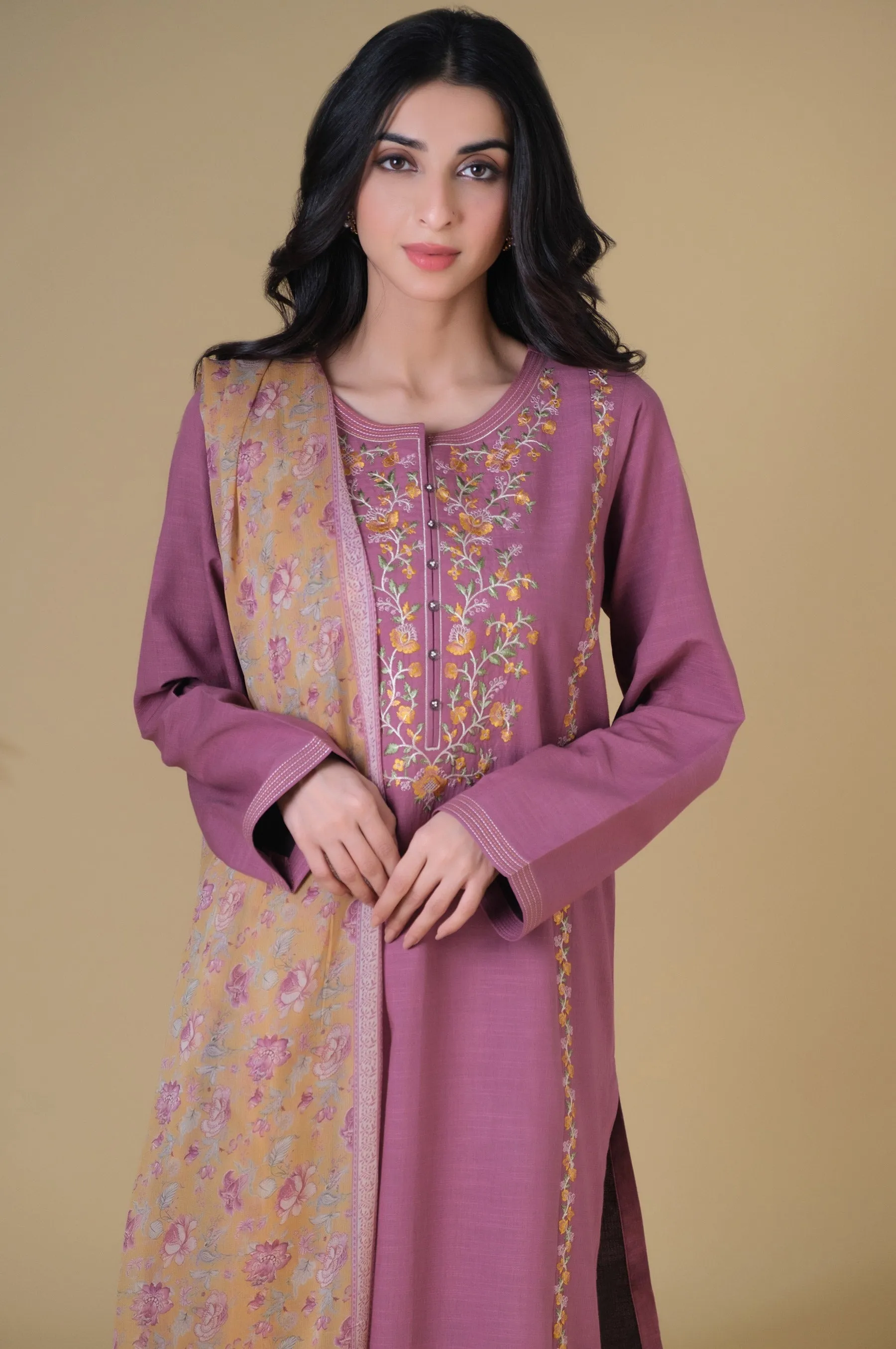 Stitched 3 Piece Embroidered Textured Slub Suit