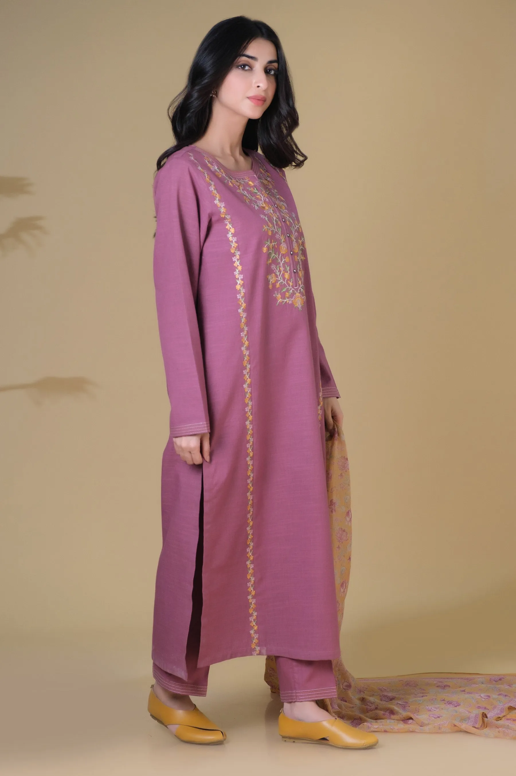 Stitched 3 Piece Embroidered Textured Slub Suit