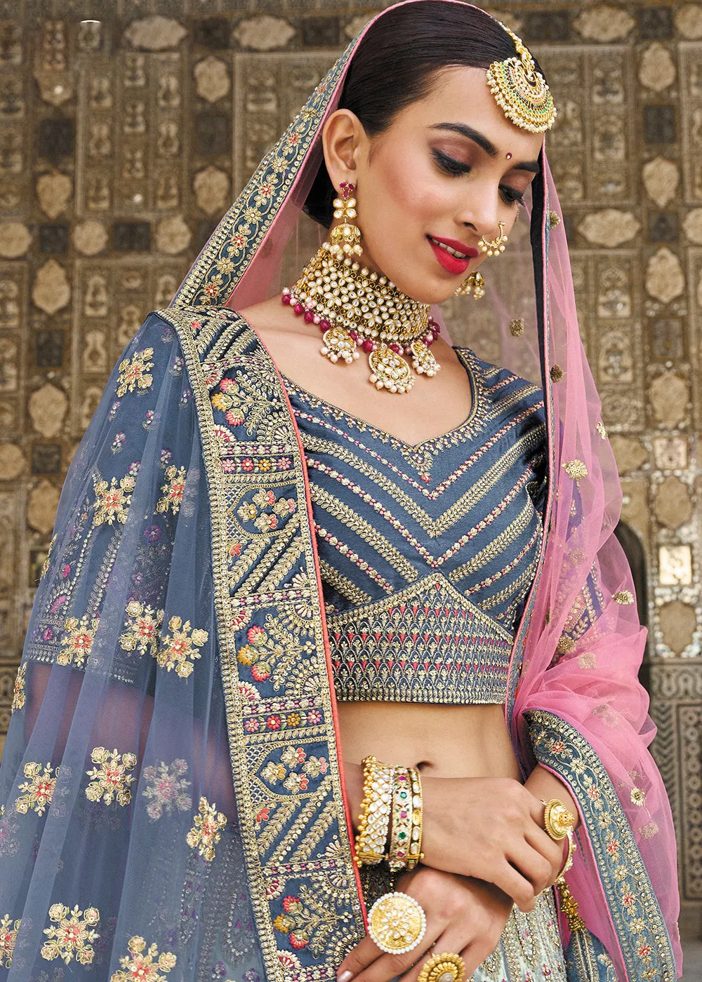Subline Blue Bridal Wear Heavy Embroidered Silk Lehenga Choli