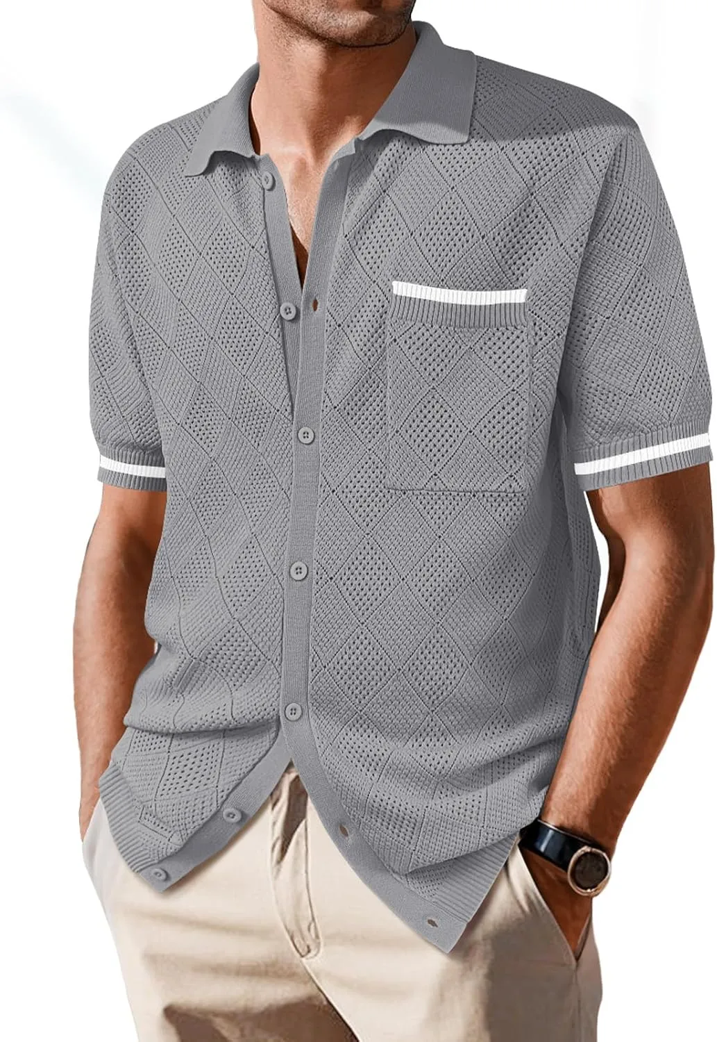 SuperPrity Men's Polo Shirt Vintage Knit Short Sleeve Shirts Button Down Beach Shirts Textured Golf Shirts with Pocket