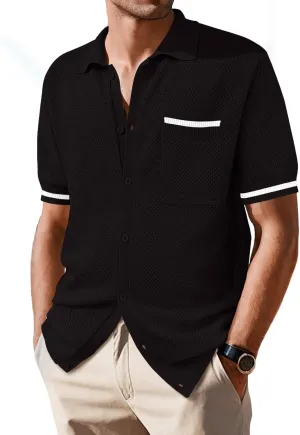 SuperPrity Men's Polo Shirt Vintage Knit Short Sleeve Shirts Button Down Beach Shirts Textured Golf Shirts with Pocket