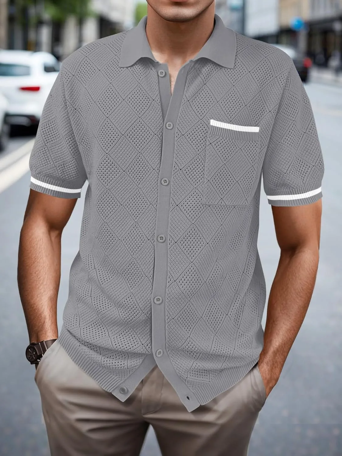 SuperPrity Men's Polo Shirt Vintage Knit Short Sleeve Shirts Button Down Beach Shirts Textured Golf Shirts with Pocket